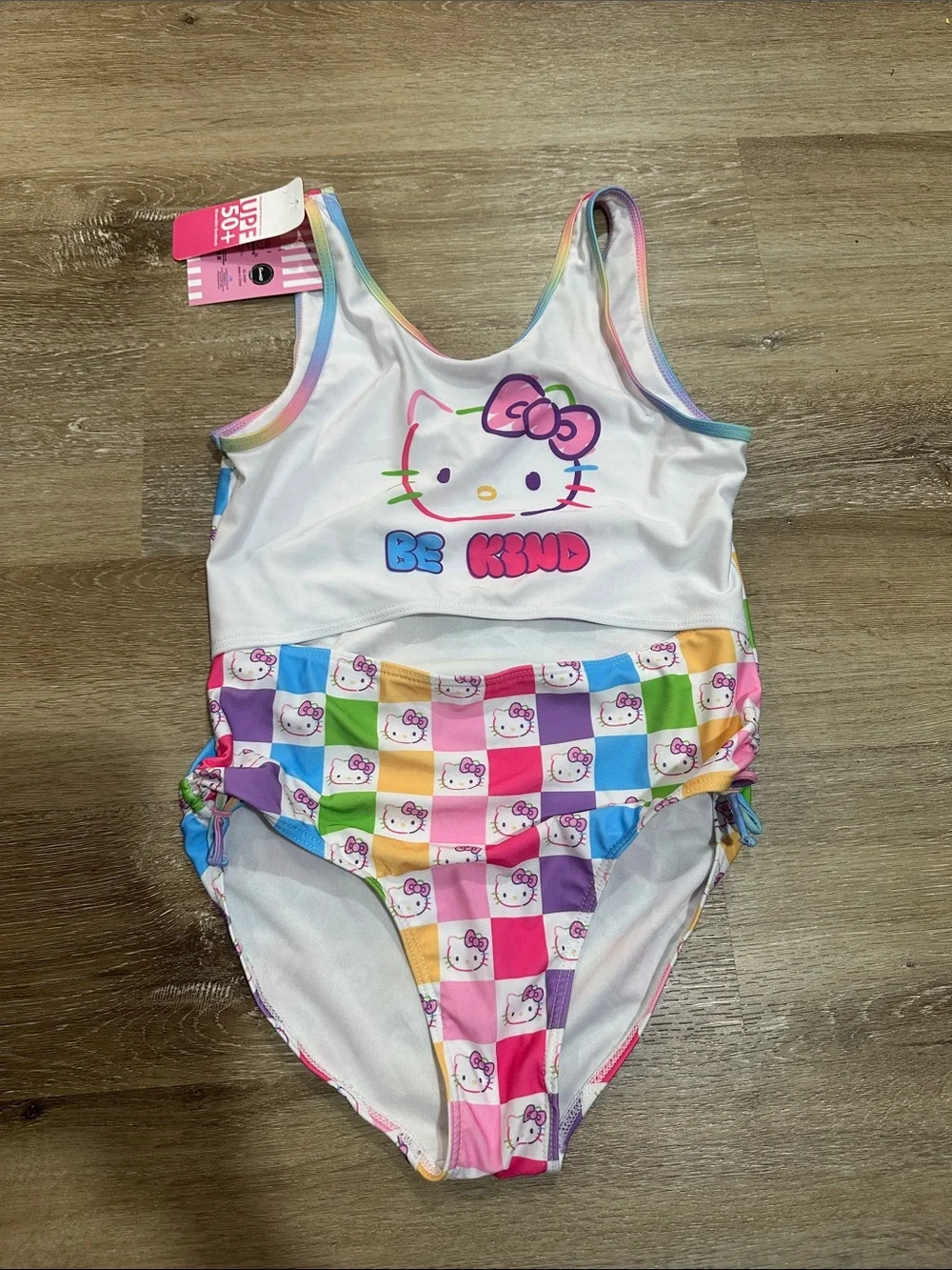Hello Kitty White One-Piece Swim Suit with Rainbow Check - cutout